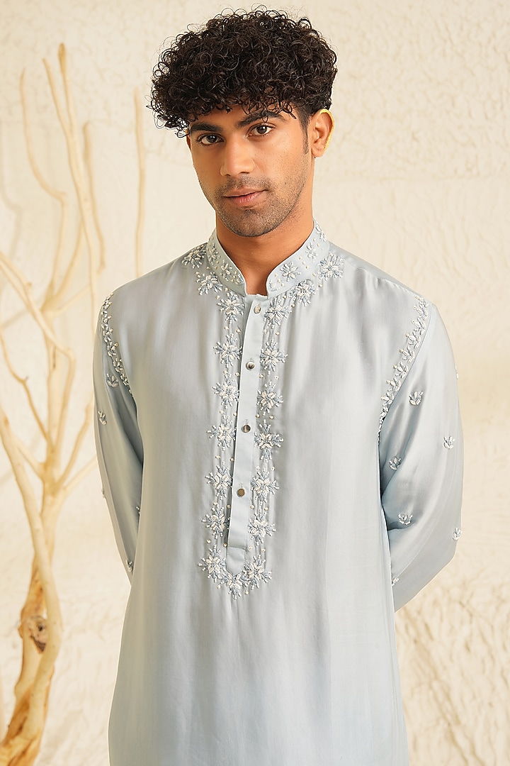 Powder Blue Chanderi Silk Hand Embroidered Kurta Set by Shreyansh Designs at Pernia's Pop Up Shop