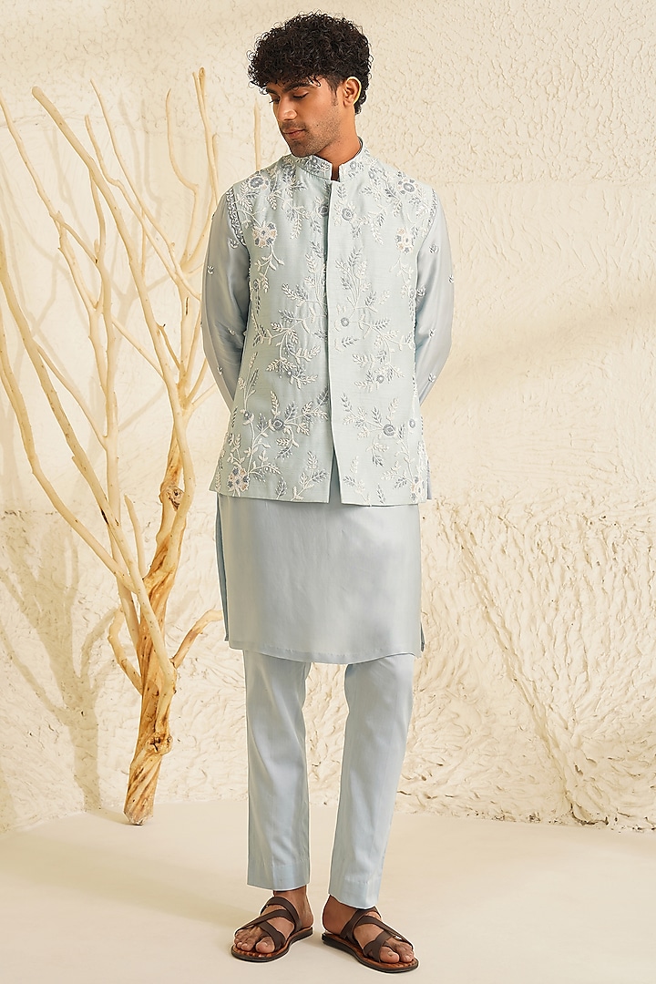 Powder Blue Dupion Silk Hand Embroidered Bundi Jacket Set by Shreyansh Designs