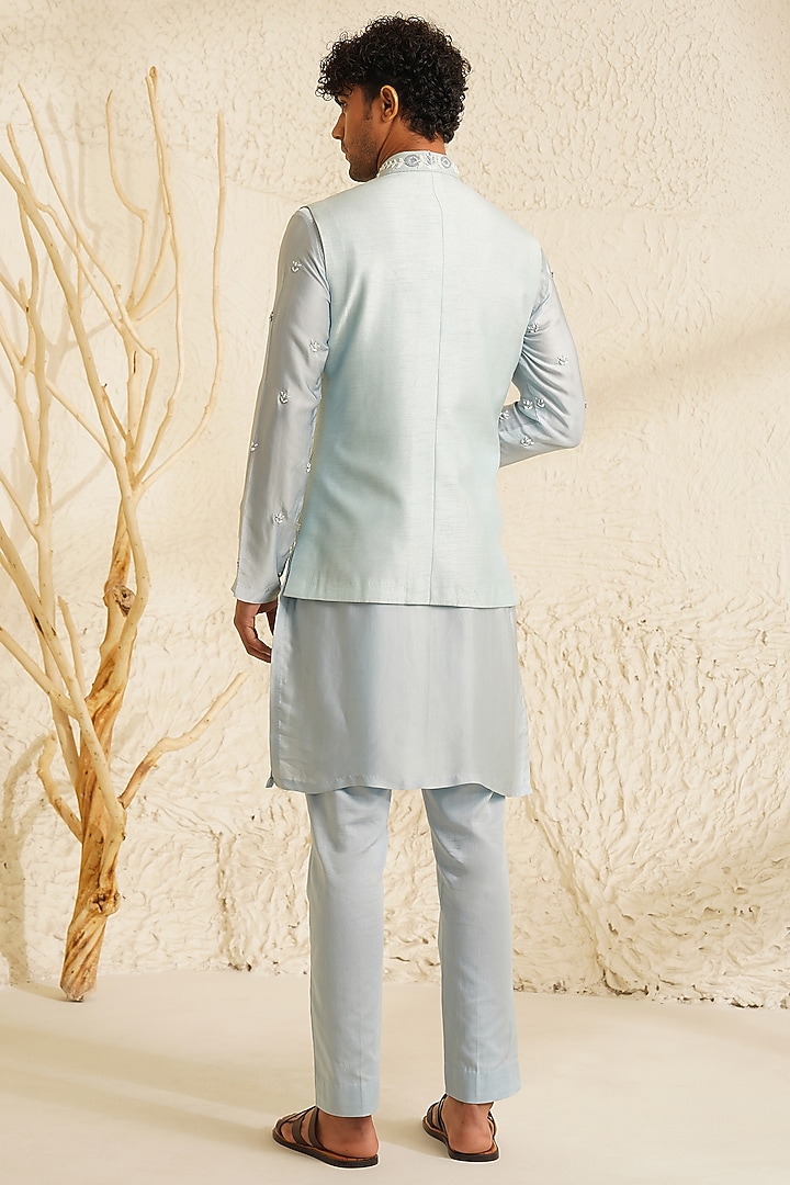 Powder Blue Dupion Silk Hand Embroidered Bundi Jacket Set by Shreyansh Designs at Pernia's Pop Up Shop