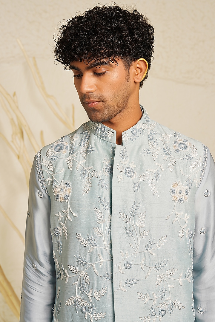 Powder Blue Dupion Silk Hand Embroidered Bundi Jacket Set by Shreyansh Designs at Pernia's Pop Up Shop