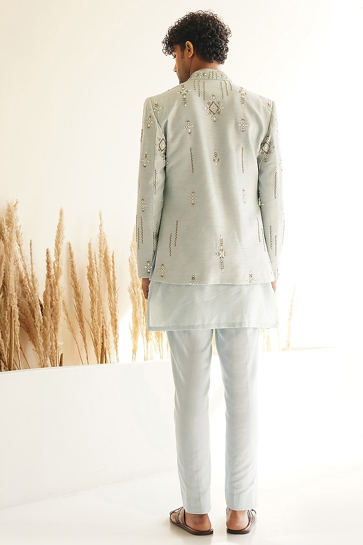 Powder Blue Dupion Silk Hand Embroidered Wedding Indowestern Set by Shreyansh Designs at Pernia's Pop Up Shop