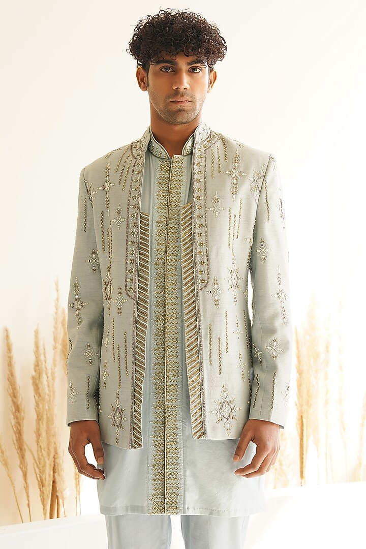 Powder Blue Dupion Silk Hand Embroidered Wedding Indowestern Set by Shreyansh Designs at Pernia's Pop Up Shop