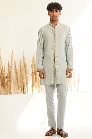 Powder Blue Chanderi Silk Hand Embroidered Kurta Set by Shreyansh Designs