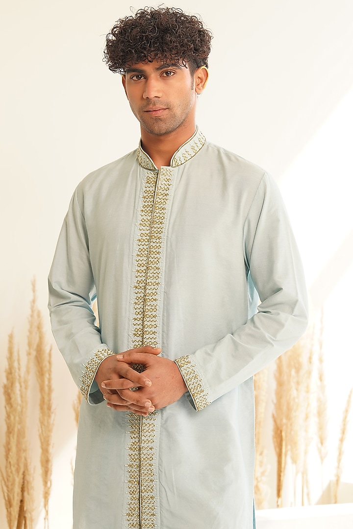 Powder Blue Chanderi Silk Hand Embroidered Kurta Set by Shreyansh Designs at Pernia's Pop Up Shop