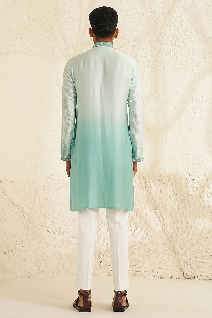 Cyan Ombre Chanderi Silk Hand Embroidered Kurta Set by Shreyansh Designs at Pernia's Pop Up Shop