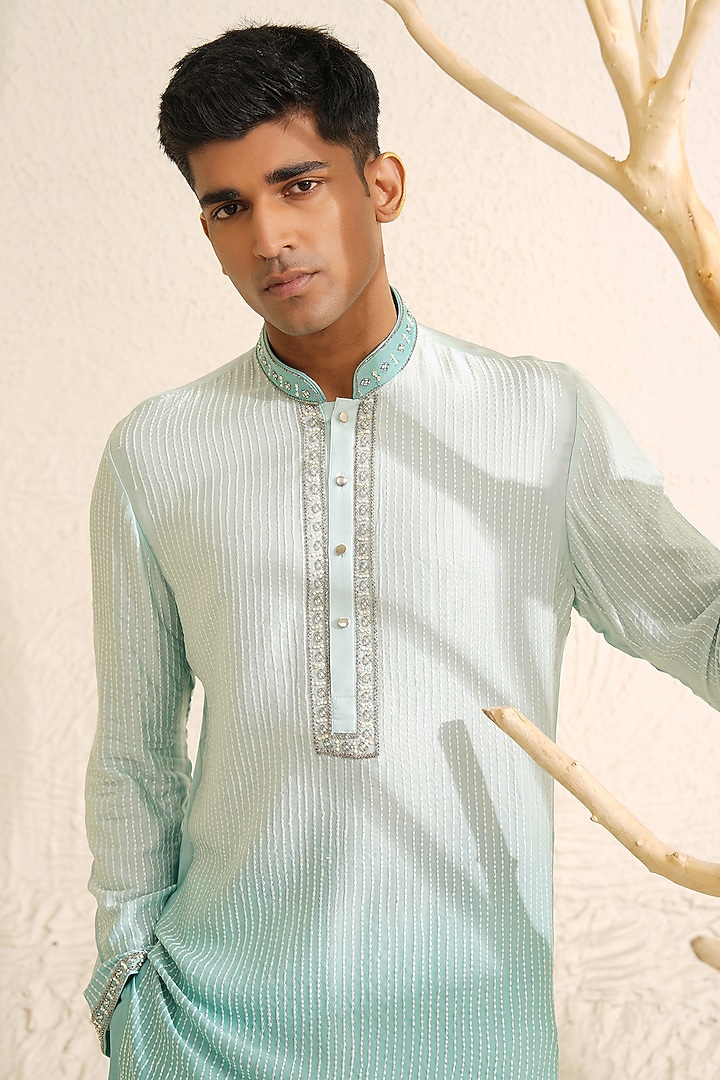 Cyan Ombre Chanderi Silk Hand Embroidered Kurta Set by Shreyansh Designs at Pernia's Pop Up Shop
