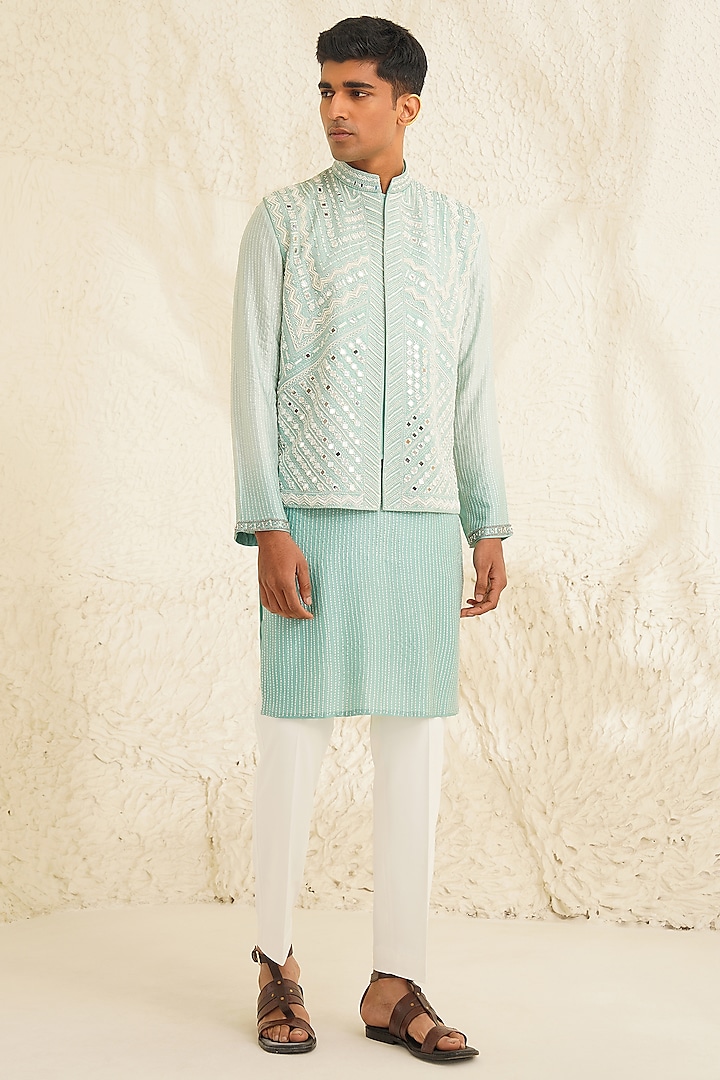 Cyan Ombre Dupion Silk Hand Embroidered Bundi Jacket Set by Shreyansh Designs
