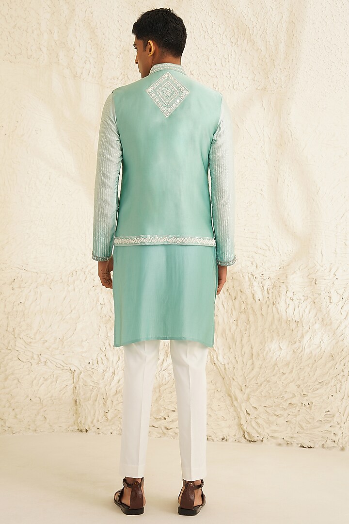 Cyan Ombre Dupion Silk Hand Embroidered Bundi Jacket Set by Shreyansh Designs at Pernia's Pop Up Shop
