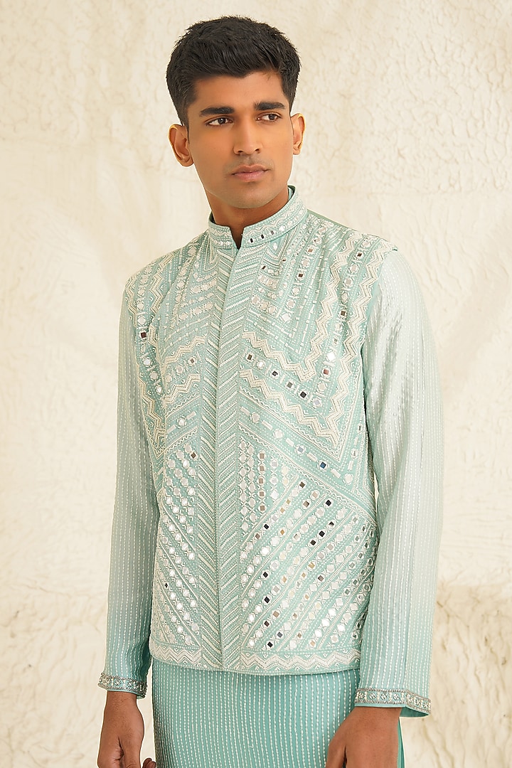 Cyan Ombre Dupion Silk Hand Embroidered Bundi Jacket Set by Shreyansh Designs at Pernia's Pop Up Shop