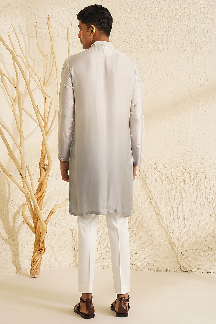 Grey Ombre Dupion Silk Hand Embroidered Kurta Set by Shreyansh Designs at Pernia's Pop Up Shop
