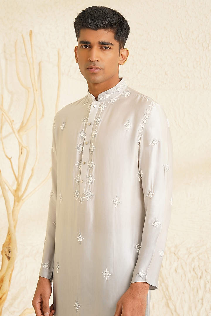 Grey Ombre Dupion Silk Hand Embroidered Kurta Set by Shreyansh Designs at Pernia's Pop Up Shop