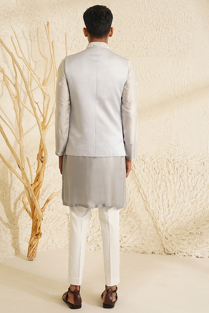 Grey Dupion Silk Hand Embroidered Bundi Jacket Set by Shreyansh Designs at Pernia's Pop Up Shop