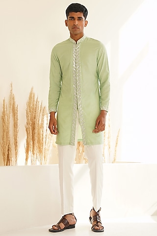 Pista Green Dupion Silk Hand Embroidered Kurta Set by Shreyansh Designs
