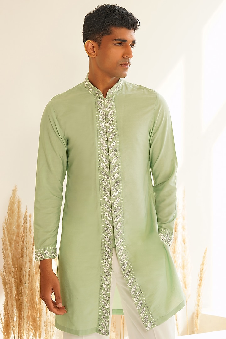 Pista Green Dupion Silk Hand Embroidered Kurta Set by Shreyansh Designs at Pernia's Pop Up Shop
