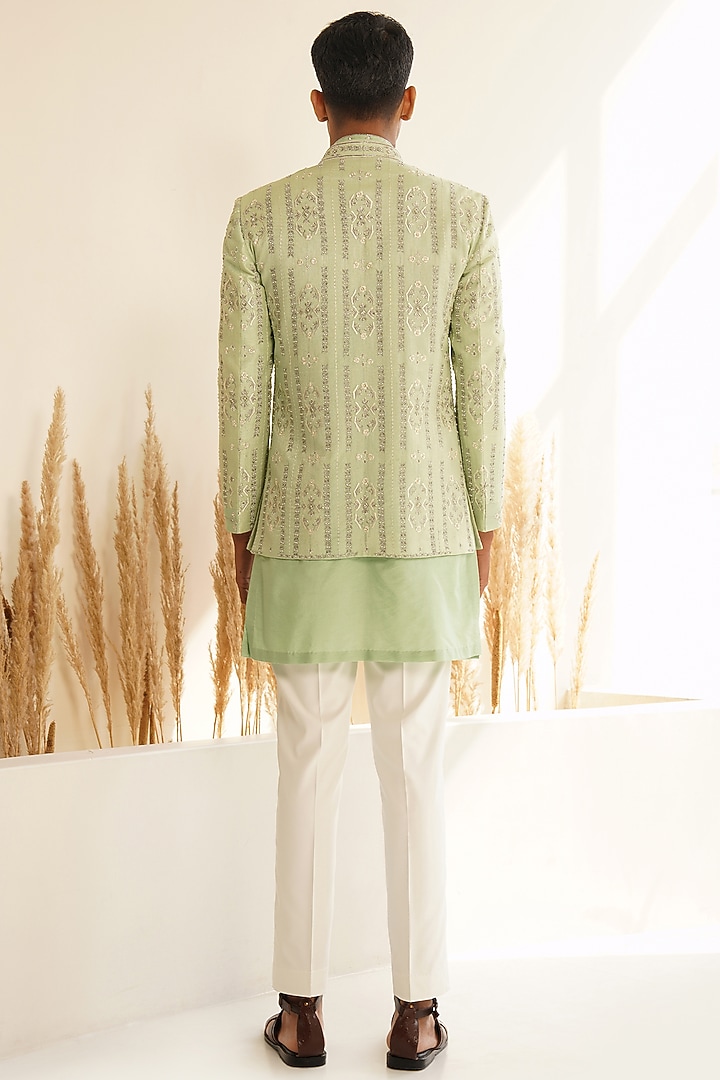Pista Green Dupion Silk Hand Embroidered Wedding Indowestern Set by Shreyansh Designs at Pernia's Pop Up Shop