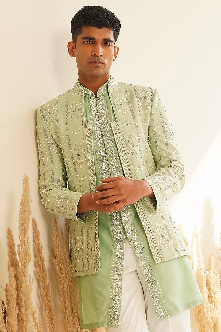 Pista Green Dupion Silk Hand Embroidered Wedding Indowestern Set by Shreyansh Designs at Pernia's Pop Up Shop