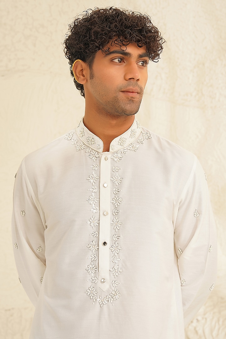 Milky White Dupion Silk Hand Embroidered Kurta Set by Shreyansh Designs at Pernia's Pop Up Shop