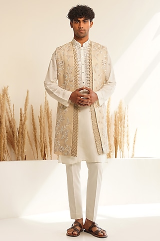 Beige Dupion Silk Hand Embroidered Indowestern Set by Shreyansh Designs