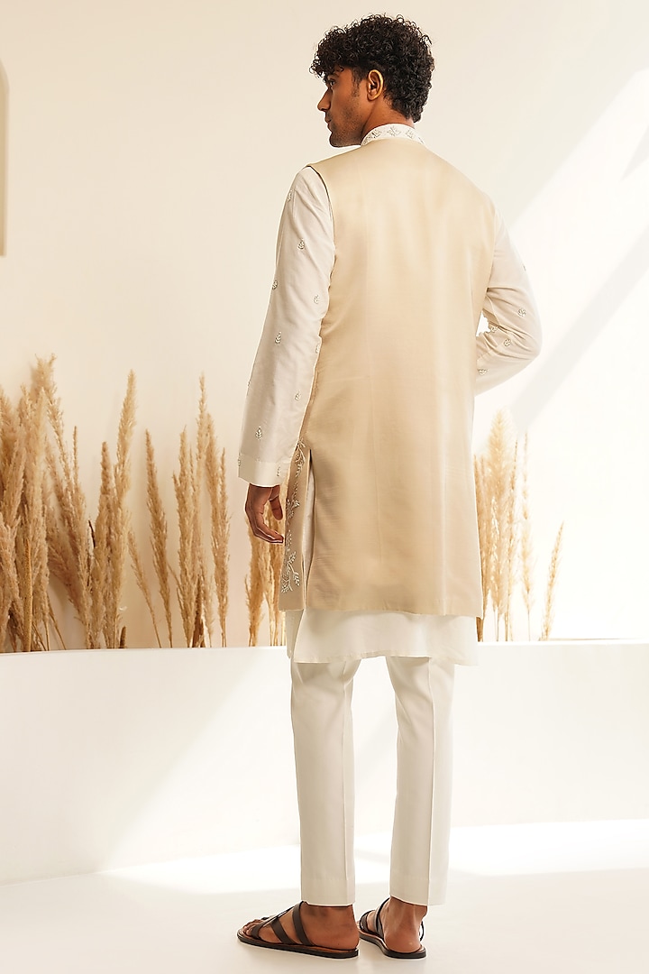 Beige Dupion Silk Hand Embroidered Wedding Indowestern Set by Shreyansh Designs at Pernia's Pop Up Shop