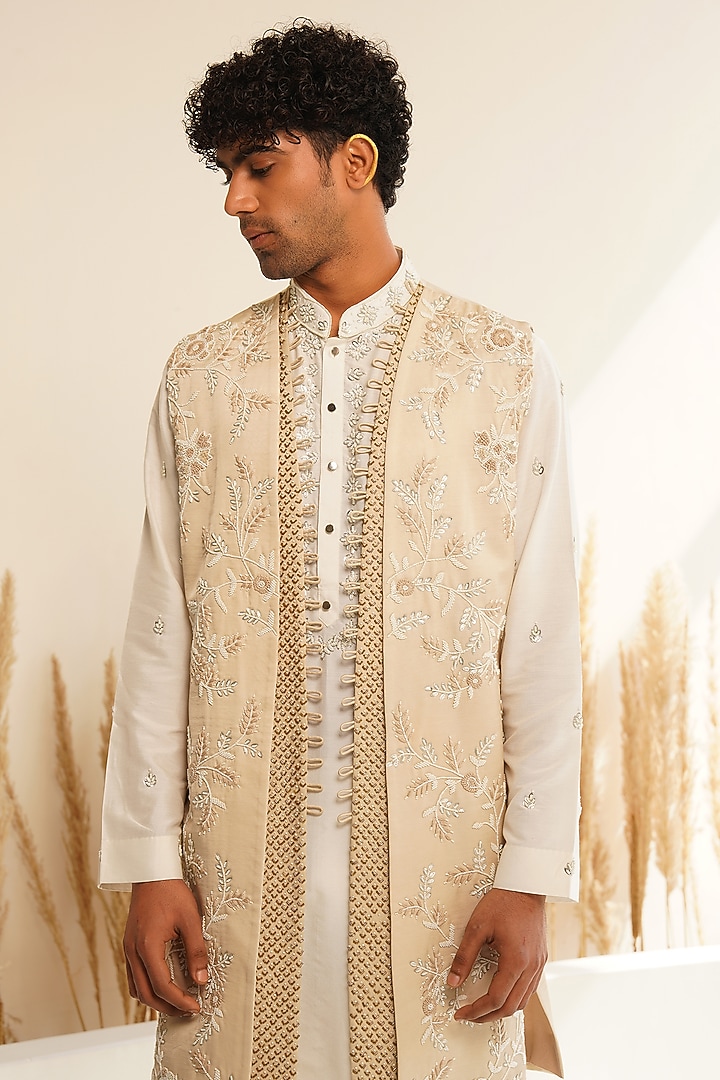 Beige Dupion Silk Hand Embroidered Wedding Indowestern Set by Shreyansh Designs at Pernia's Pop Up Shop