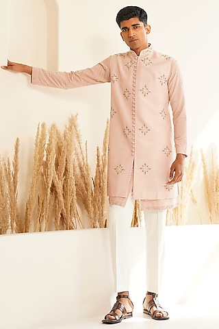 Powder Pink Dupion Silk Hand Embroidered Indowestern Set by Shreyansh Designs
