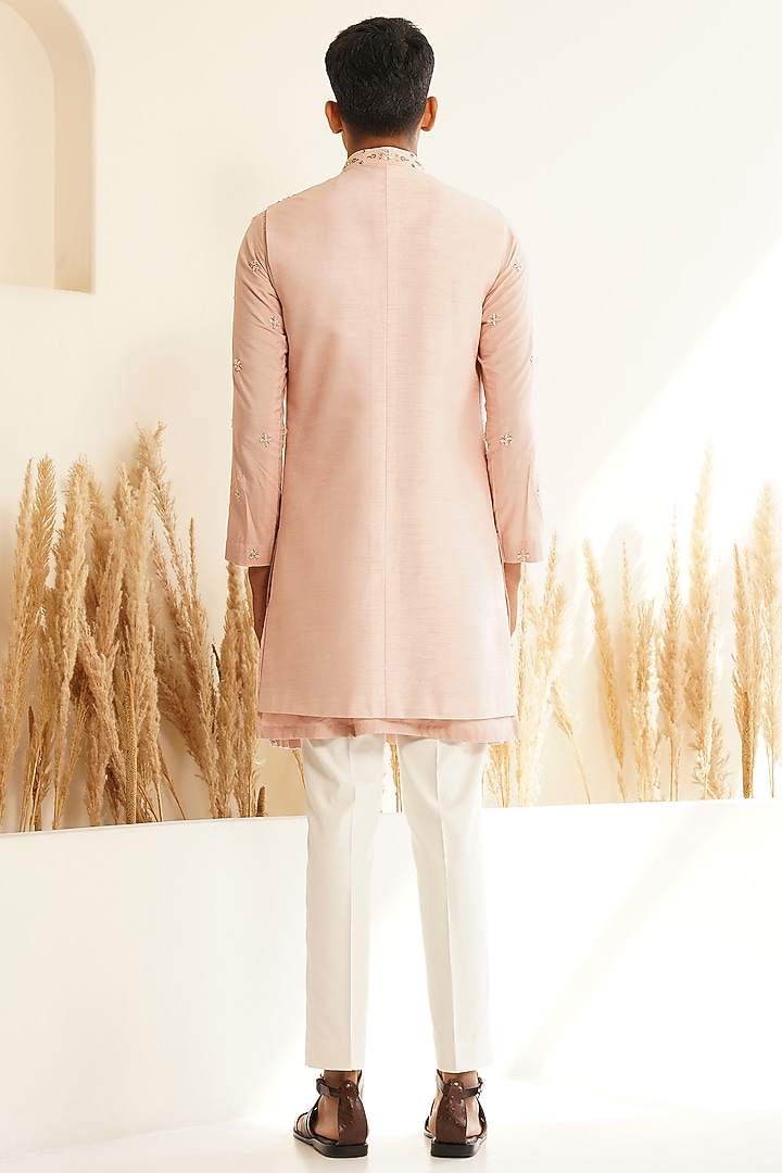 Powder Pink Dupion Silk Hand Embroidered Wedding Indowestern Set by Shreyansh Designs at Pernia's Pop Up Shop