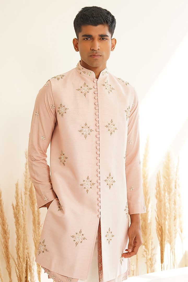 Powder Pink Dupion Silk Hand Embroidered Wedding Indowestern Set by Shreyansh Designs at Pernia's Pop Up Shop
