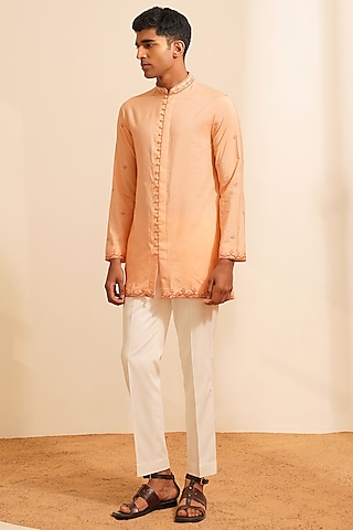 Peach Chanderi Silk Hand Embroidered Kurta Set by Shreyansh Designs