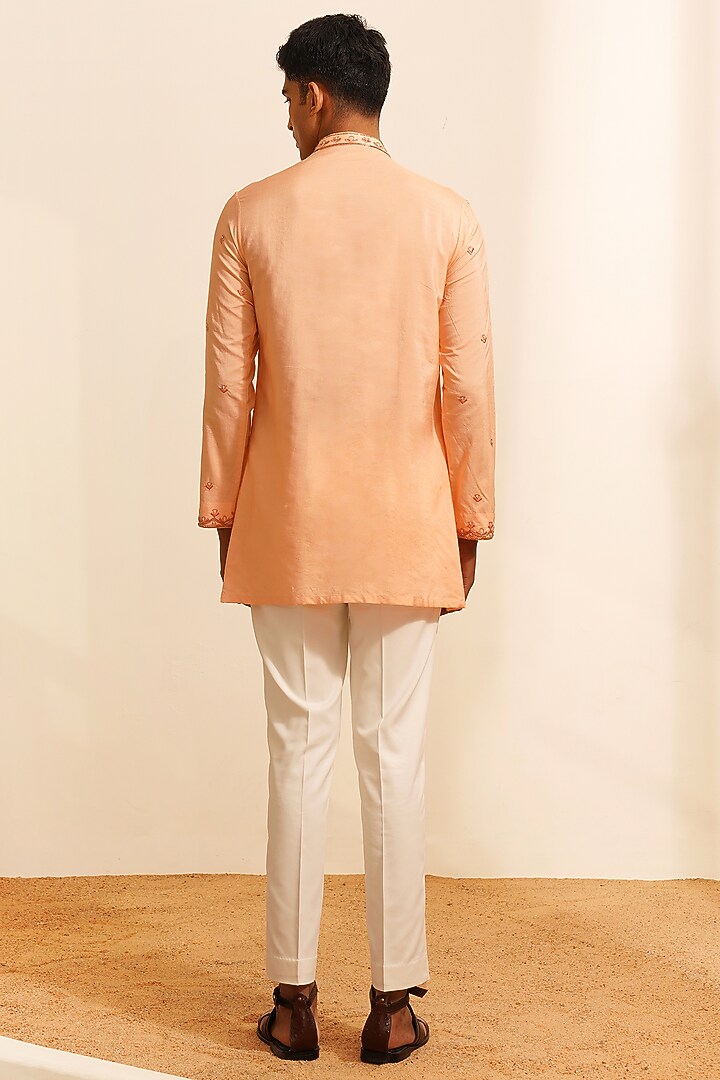 Peach Chanderi Silk Hand Embroidered Kurta Set by Shreyansh Designs at Pernia's Pop Up Shop