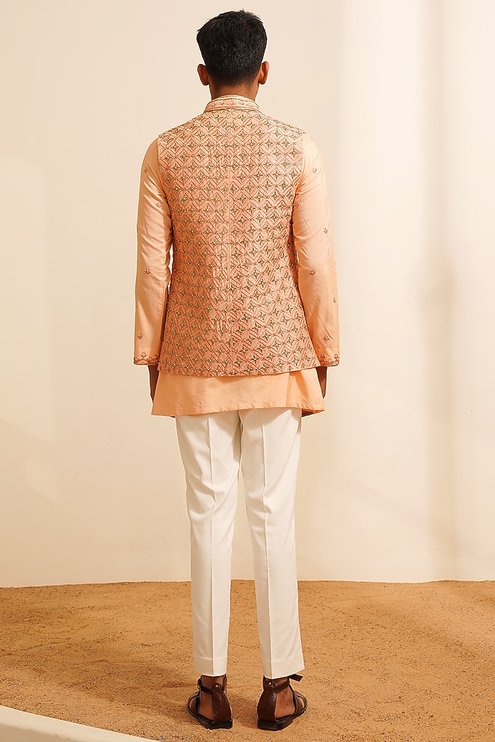 Peach Dupion Silk Hand Embroidered Wedding Indowestern Set by Shreyansh Designs at Pernia's Pop Up Shop