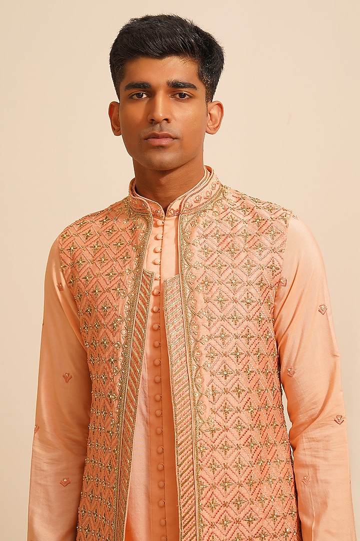 Peach Dupion Silk Hand Embroidered Wedding Indowestern Set by Shreyansh Designs at Pernia's Pop Up Shop
