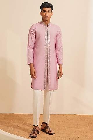 Lilac Chanderi Silk Hand Embroidered Kurta Set by Shreyansh Designs