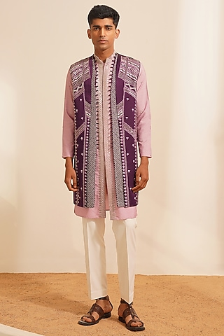 Purple Padma Silk Hand Embroidered Indowestern Set by Shreyansh Designs