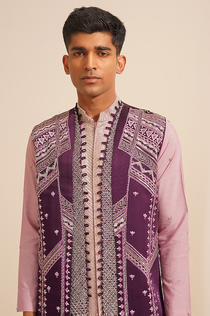 Purple Padma Silk Hand Embroidered Wedding Indowestern Set by Shreyansh Designs at Pernia's Pop Up Shop