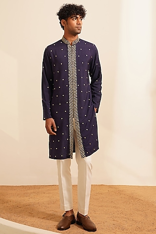 Navy Blue Chanderi Silk Hand Embroidered Kurta Set by Shreyansh Designs