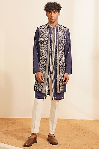 Navy Blue Padma Silk Hand Embroidered Indowestern Set by Shreyansh Designs