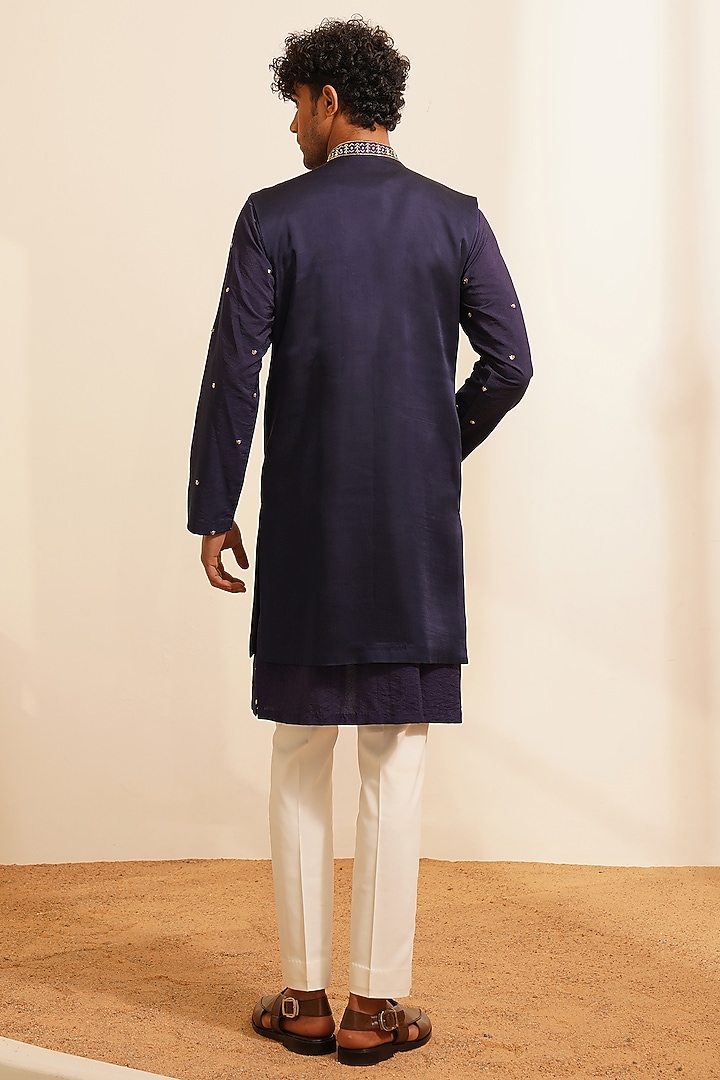 Navy Blue Padma Silk Hand Embroidered Wedding Indowestern Set by Shreyansh Designs at Pernia's Pop Up Shop