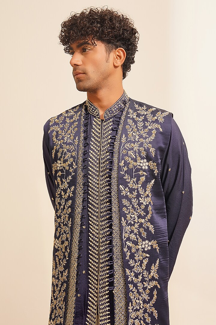 Navy Blue Padma Silk Hand Embroidered Wedding Indowestern Set by Shreyansh Designs at Pernia's Pop Up Shop