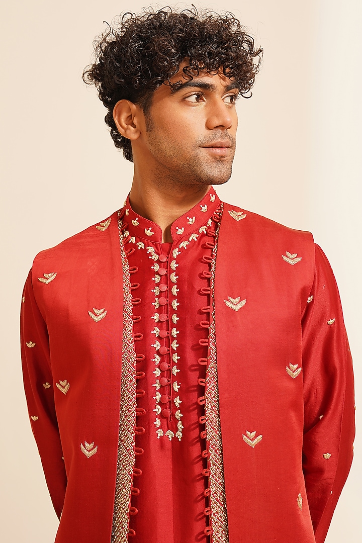 Red Padma Silk Hand Embroidered Wedding Indowestern Set by Shreyansh Designs at Pernia's Pop Up Shop