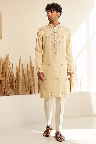 Milky White Chanderi Silk Hand Embroidered Kurta Set by Shreyansh Designs