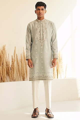 Powder Blue Chanderi Silk Hand Embroidered Kurta Set by Shreyansh Designs