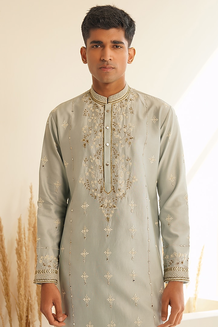 Powder Blue Chanderi Silk Hand Embroidered Kurta Set by Shreyansh Designs at Pernia's Pop Up Shop