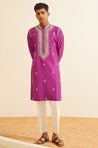 Purple Chanderi Silk Hand Embroidered Kurta Set by Shreyansh Designs