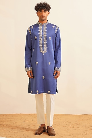 Electric Blue Chanderi Silk Hand Embroidered Kurta Set by Shreyansh Designs