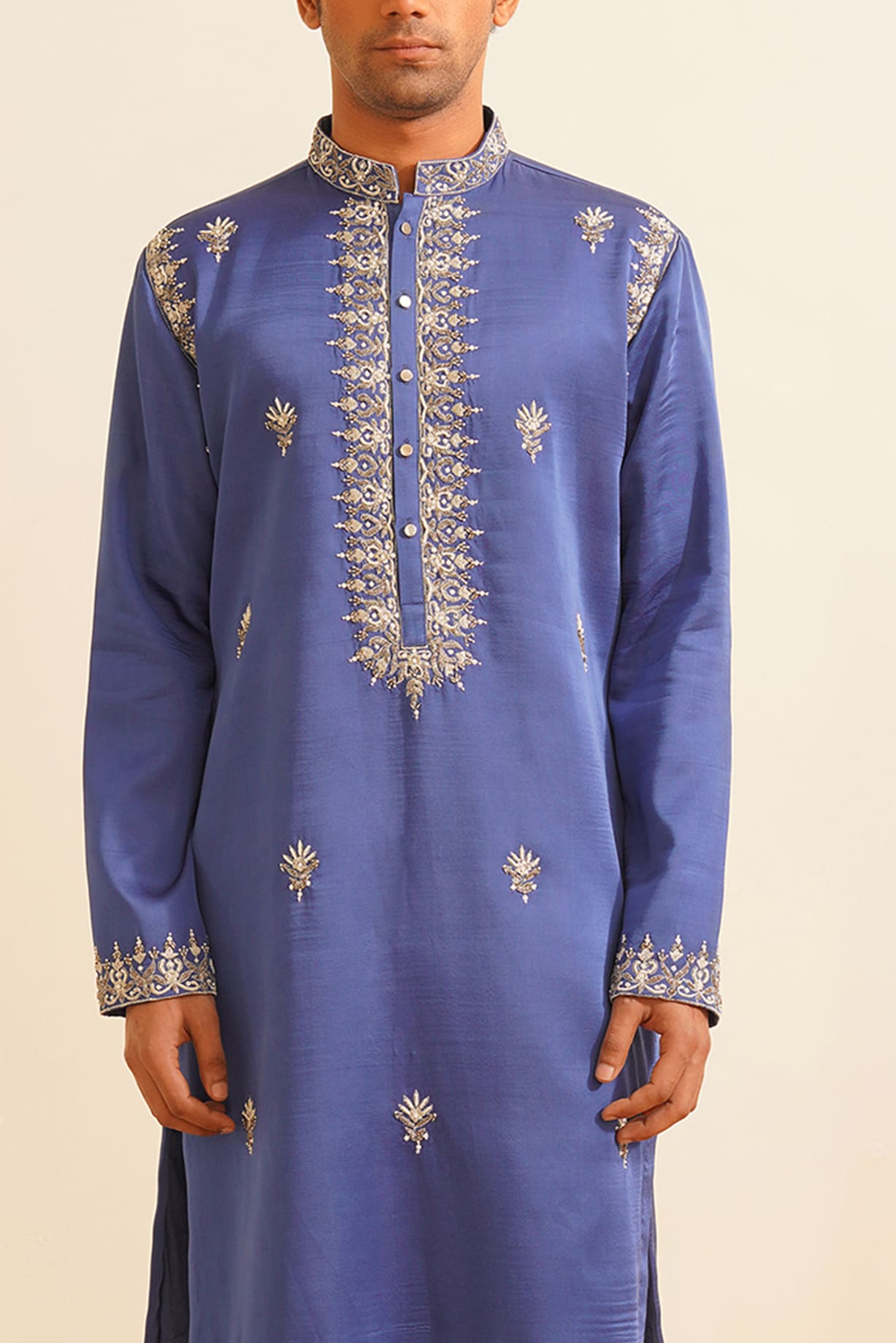 Electric Blue Chanderi Silk Hand Embroidered Kurta Set by Shreyansh Designs