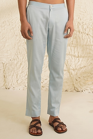Powder Blue Padma Silk Straight Pants by Shreyansh Designs