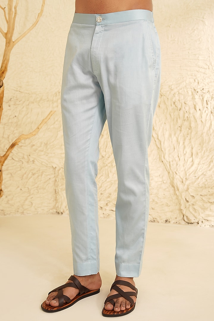Powder Blue Padma Silk Straight Pants by Shreyansh Designs at Pernia's Pop Up Shop