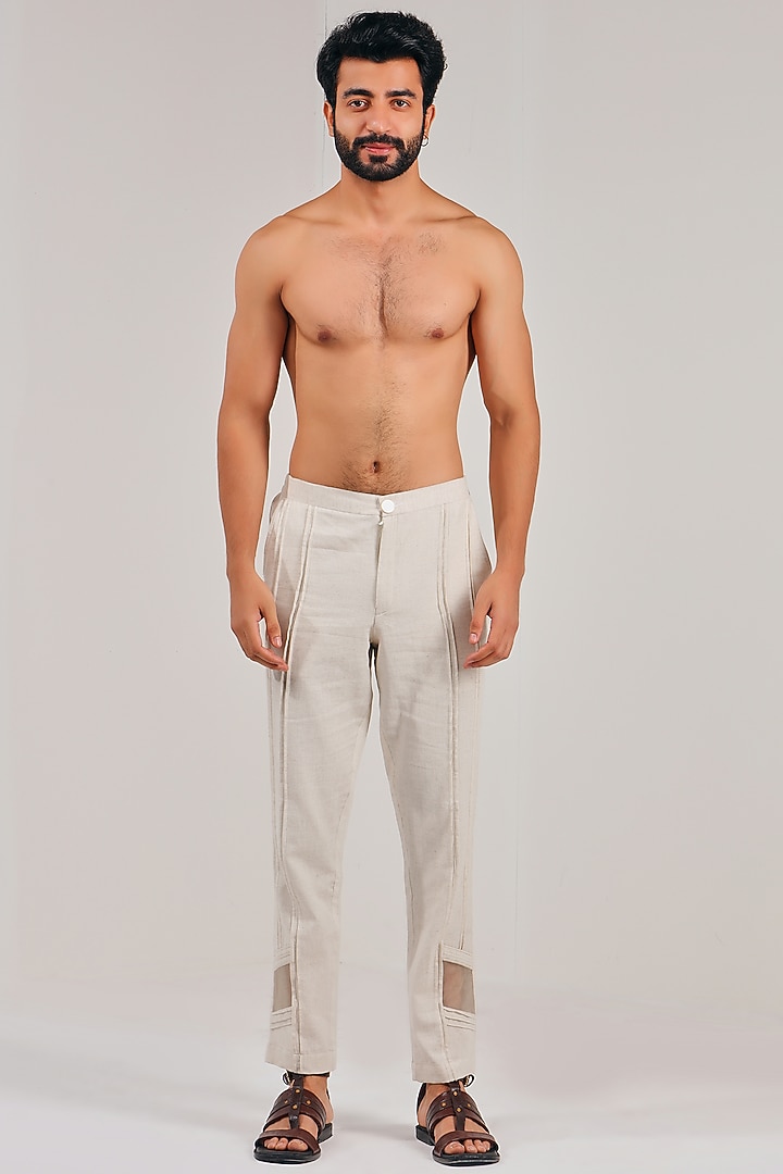 White Cotton Linen Panelled Straight Pants by Shreyansh Designs at Pernia's Pop Up Shop