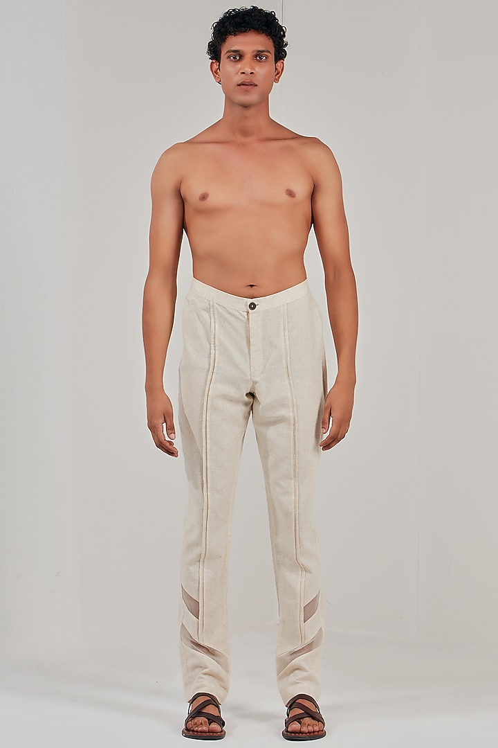 White Cotton Linen Panelled Straight Pants by Shreyansh Designs at Pernia's Pop Up Shop