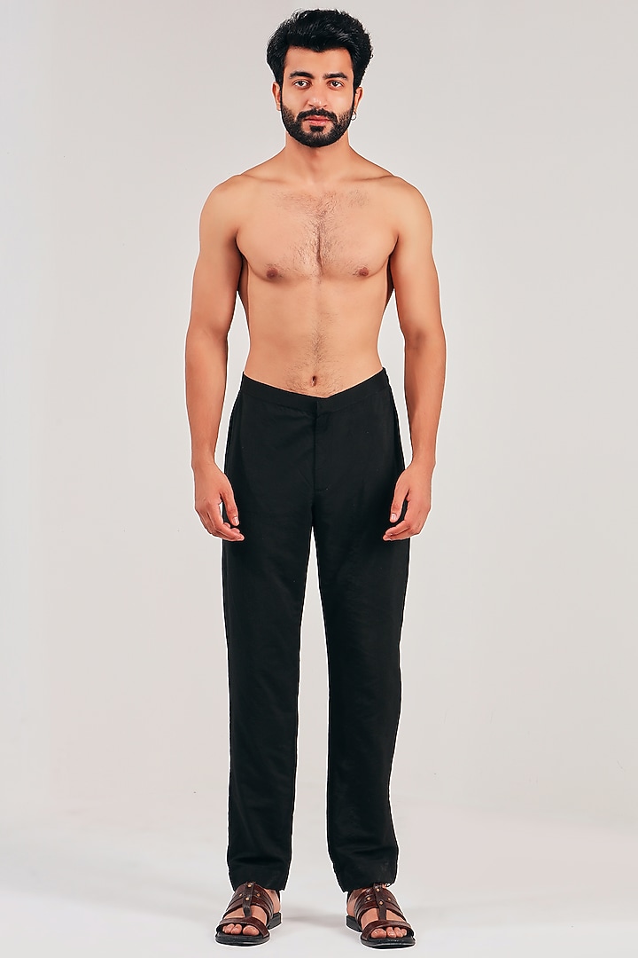 Black Padma Silk Straight Pants by Shreyansh Designs at Pernia's Pop Up Shop